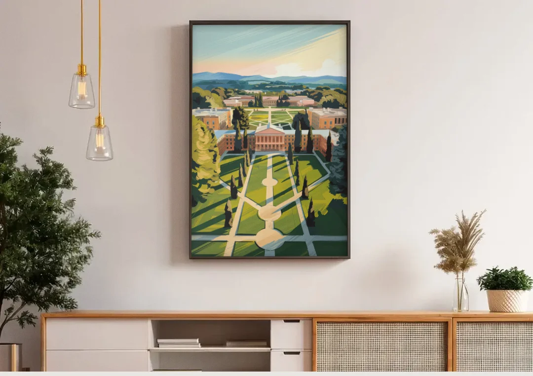 Madison Campus Aerial View canvas wall art above a wooden sideboard under pendant lights