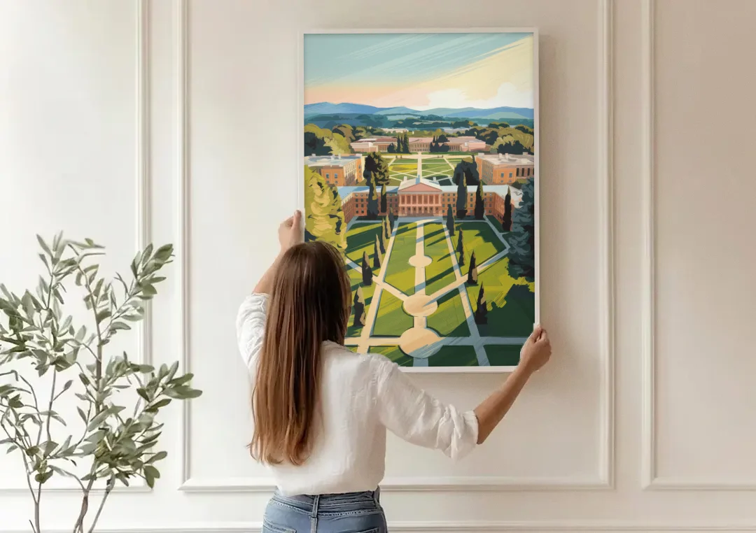 Madison Campus Aerial View canvas wall art being hung on a paneled wall