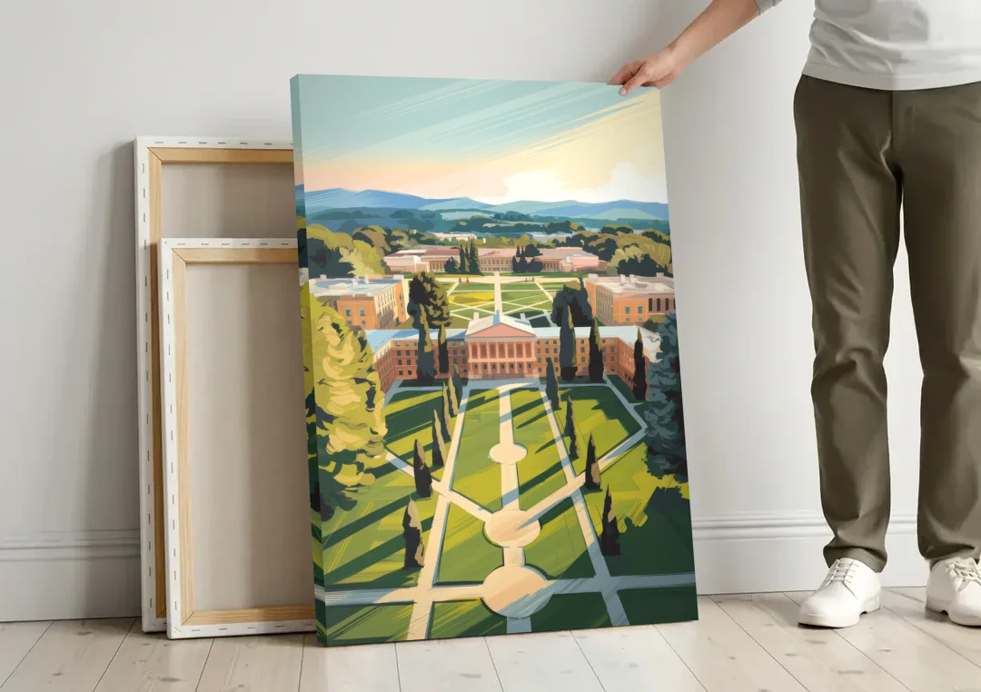 Madison Campus Aerial View canvas wall art leaning against a wall next to blank canvases
