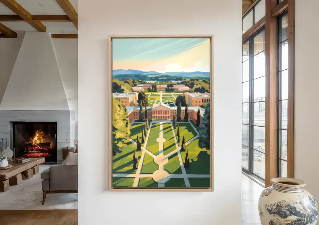 Madison Campus Aerial View canvas wall art in a living room with a fireplace