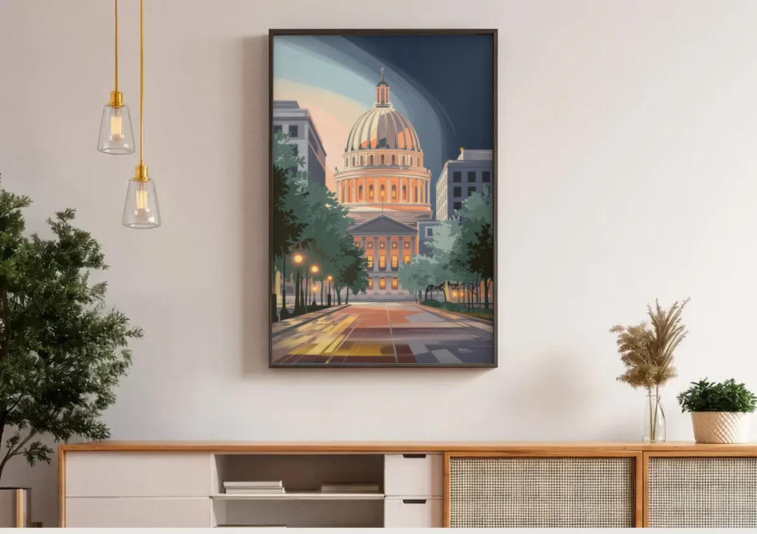 Madison Capitol Dome Glow canvas wall art above a wooden sideboard under pendant lights
