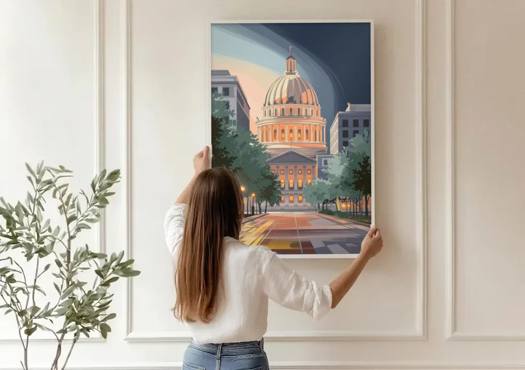 Madison Capitol Dome Glow canvas wall art being hung on a paneled wall