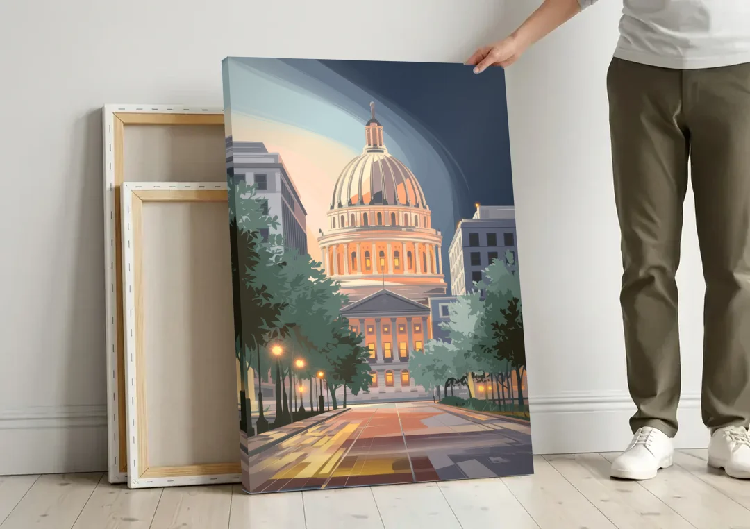 Madison Capitol Dome Glow canvas wall art leaning against a wall next to blank canvases