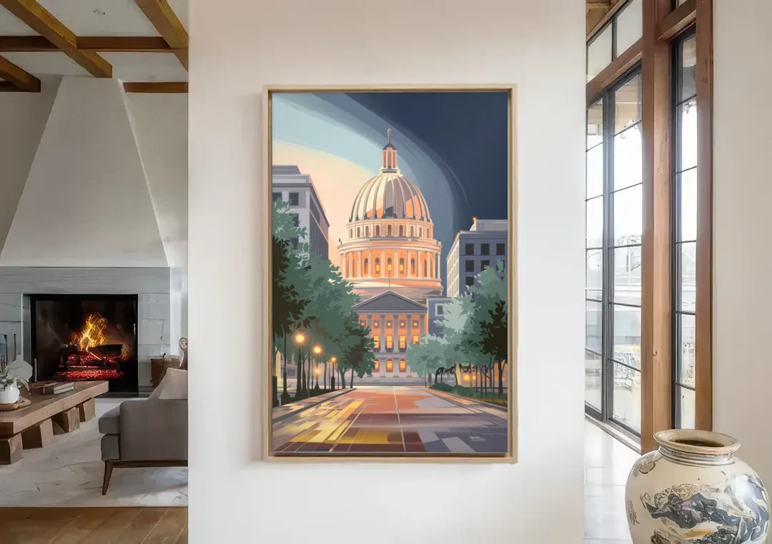 Madison Capitol Dome Glow canvas wall art in a living room with a fireplace