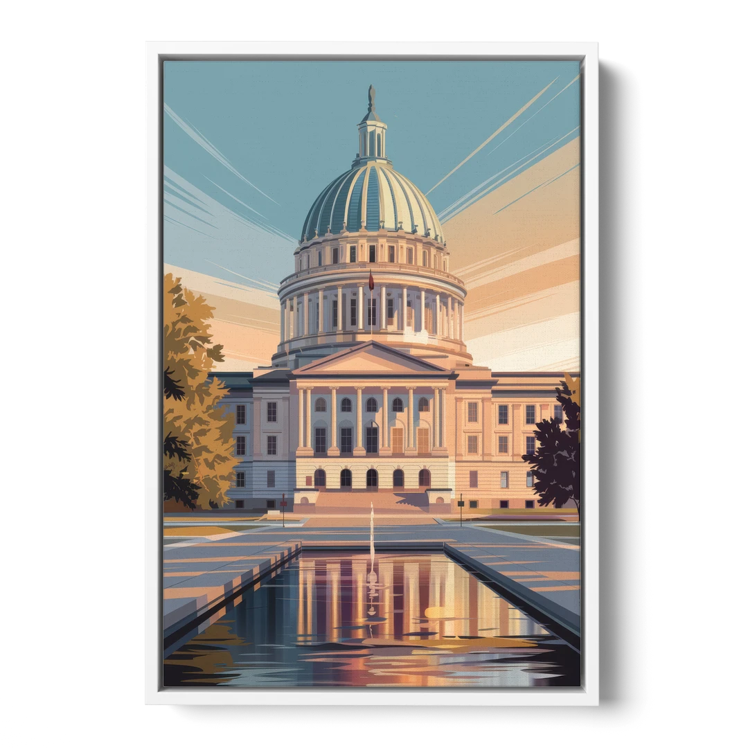 Madison Capitol Reflection - White Framed Canvas Wall Art - Front