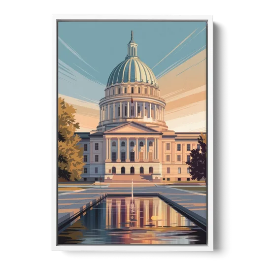 Madison Capitol Reflection - White Framed Canvas Wall Art - Front