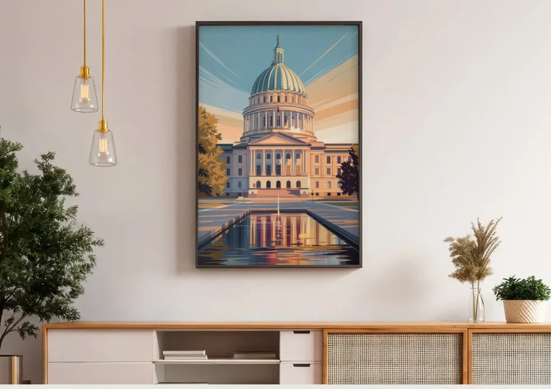 Madison Capitol Reflection canvas wall art above a wooden sideboard under pendant lights