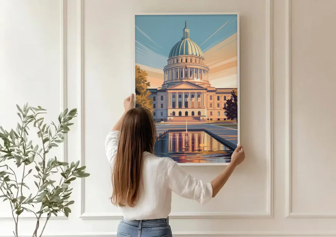 Madison Capitol Reflection canvas wall art being hung on a paneled wall