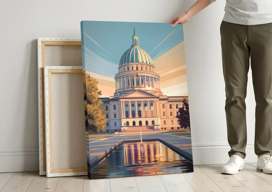 Madison Capitol Reflection canvas wall art leaning against a wall next to blank canvases