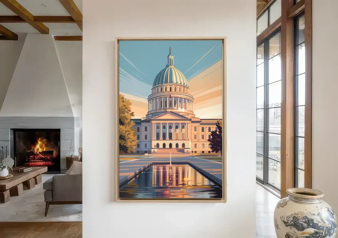 Madison Capitol Reflection canvas wall art in a living room with a fireplace