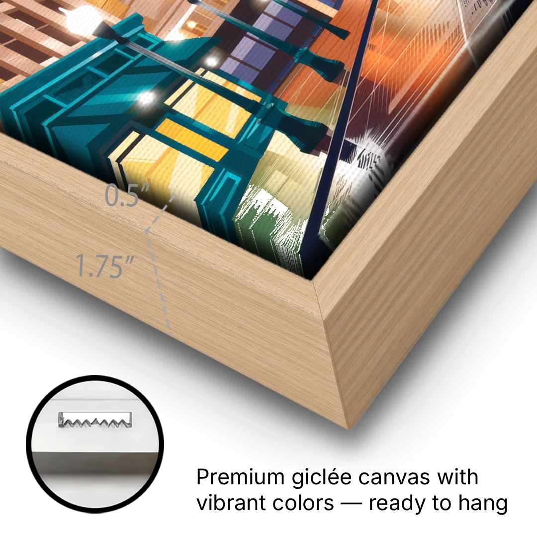 Madison Capitol Square Nights - Oak Framed Canvas Wall Art - Gallery Wrap Corner