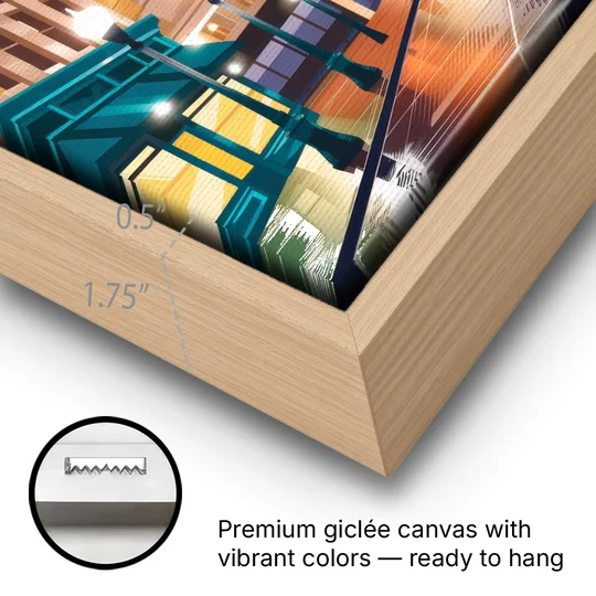 Madison Capitol Square Nights - Oak Framed Canvas Wall Art - Gallery Wrap Corner