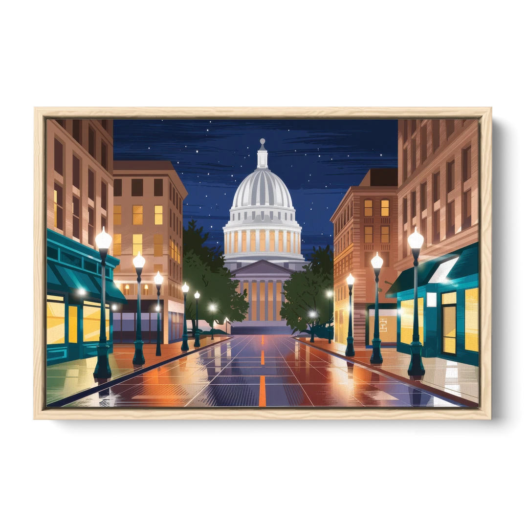 Madison Capitol Square Nights - Oak Framed Canvas Wall Art - Front