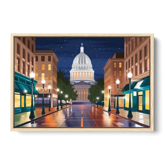 Madison Capitol Square Nights - Oak Framed Canvas Wall Art - Front