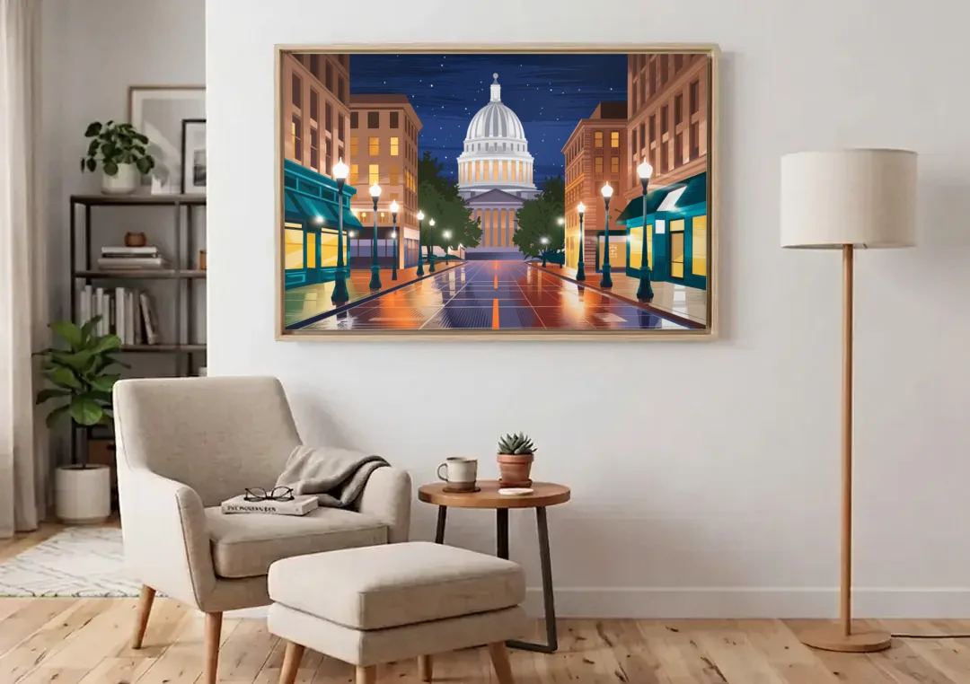 Madison Capitol Square Nights canvas wall art above an armchair in a bright living room