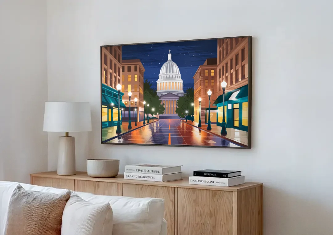 Madison Capitol Square Nights canvas wall art above a wooden sideboard next to a sofa