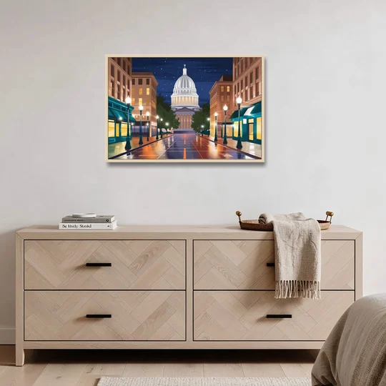 Madison Capitol Square Nights - Oak Framed Canvas Wall Art - Coffee Table - 36x24
