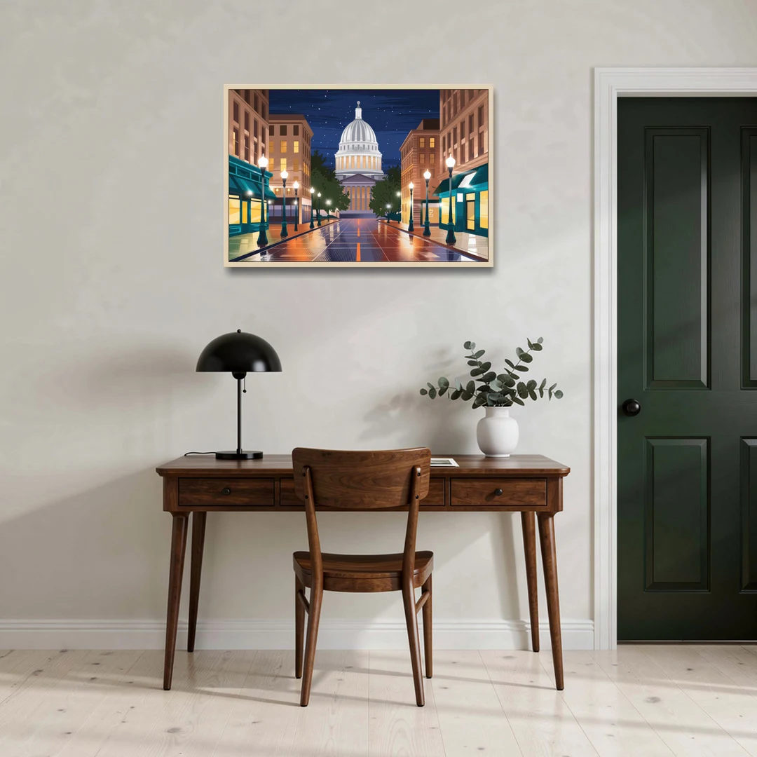 Madison Capitol Square Nights - Oak Framed Canvas Wall Art - Office - 36x24