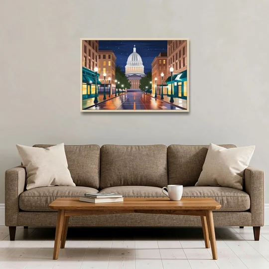 Madison Capitol Square Nights - Oak Framed Canvas Wall Art - Sofa - 36x24