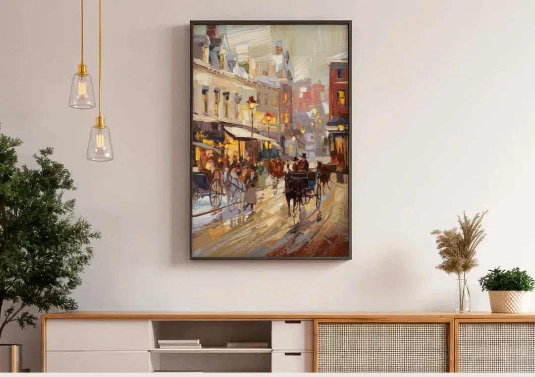 Madison Cultural Heritage canvas wall art above a wooden sideboard under pendant lights