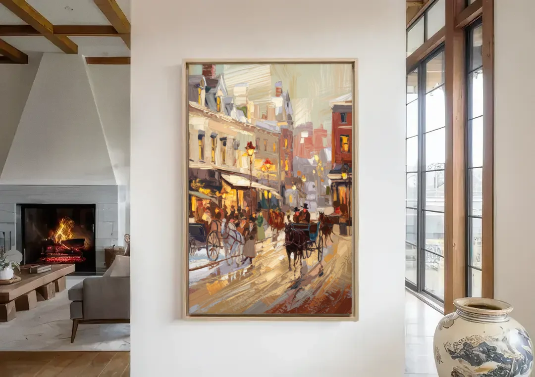 Madison Cultural Heritage canvas wall art in a living room with a fireplace