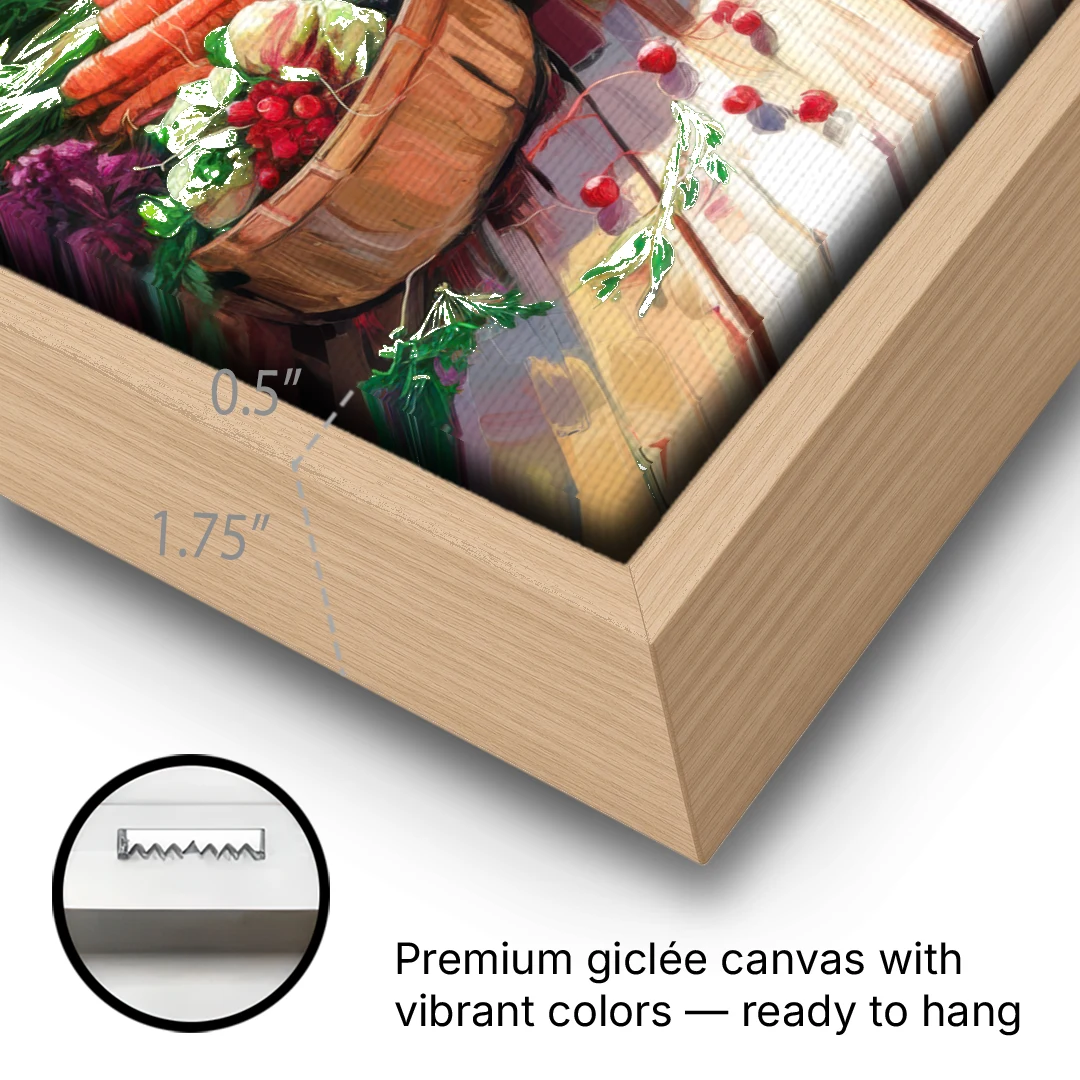 Madison Farmers Market Delight - Oak Framed Canvas Wall Art - Gallery Wrap Corner