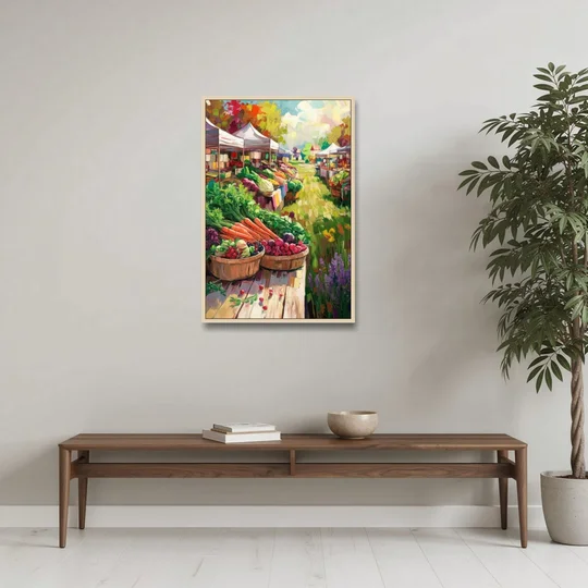 Madison Farmers Market Delight - Oak Framed Canvas Wall Art - Coffee Table - 24x36