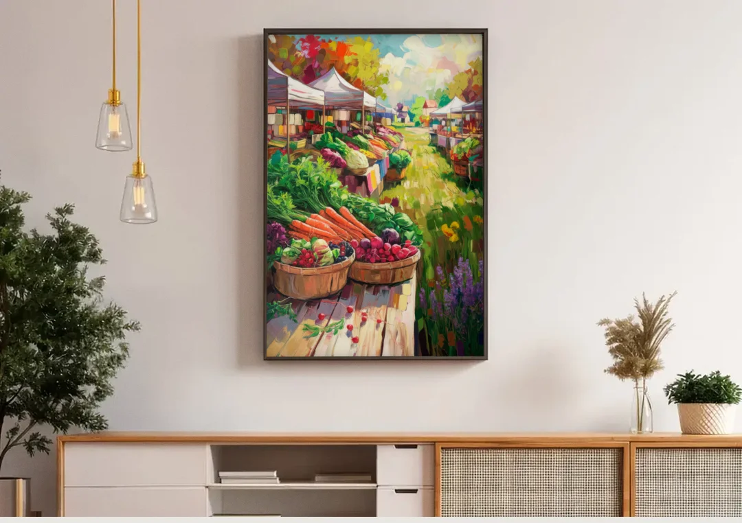 Madison Farmers Market Delight canvas wall art above a wooden sideboard under pendant lights