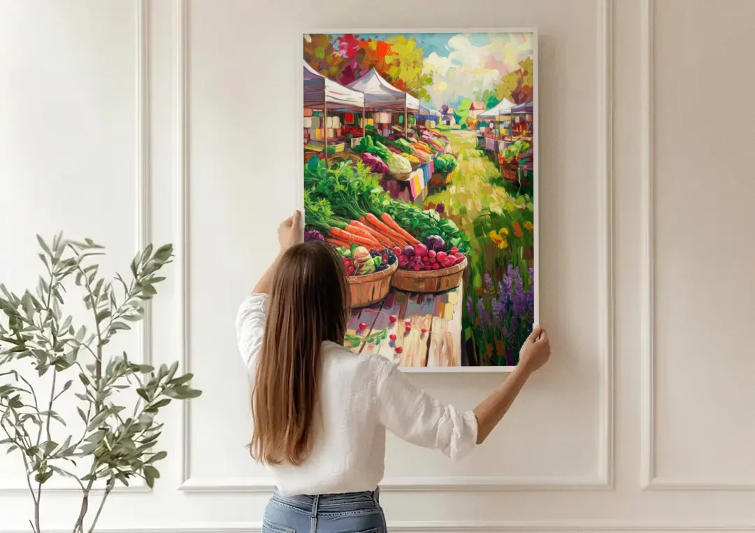 Madison Farmers Market Delight canvas wall art being hung on a paneled wall