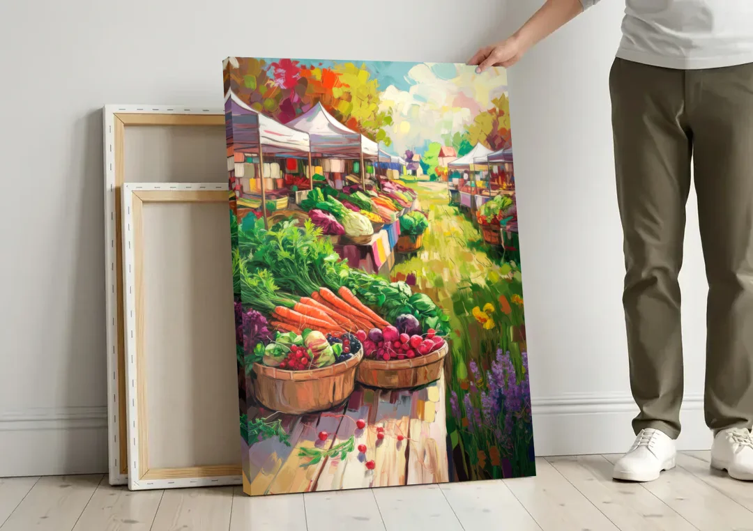 Madison Farmers Market Delight canvas wall art leaning against a wall next to blank canvases