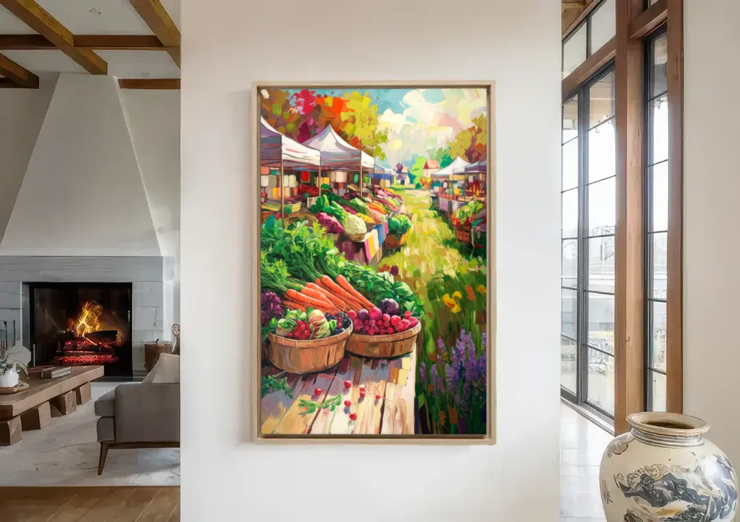 Madison Farmers Market Delight canvas wall art in a living room with a fireplace