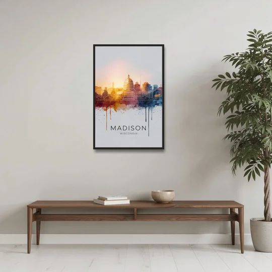 Madison Iconic Landmarks - Black Framed Canvas Wall Art - Coffee Table - 24x36