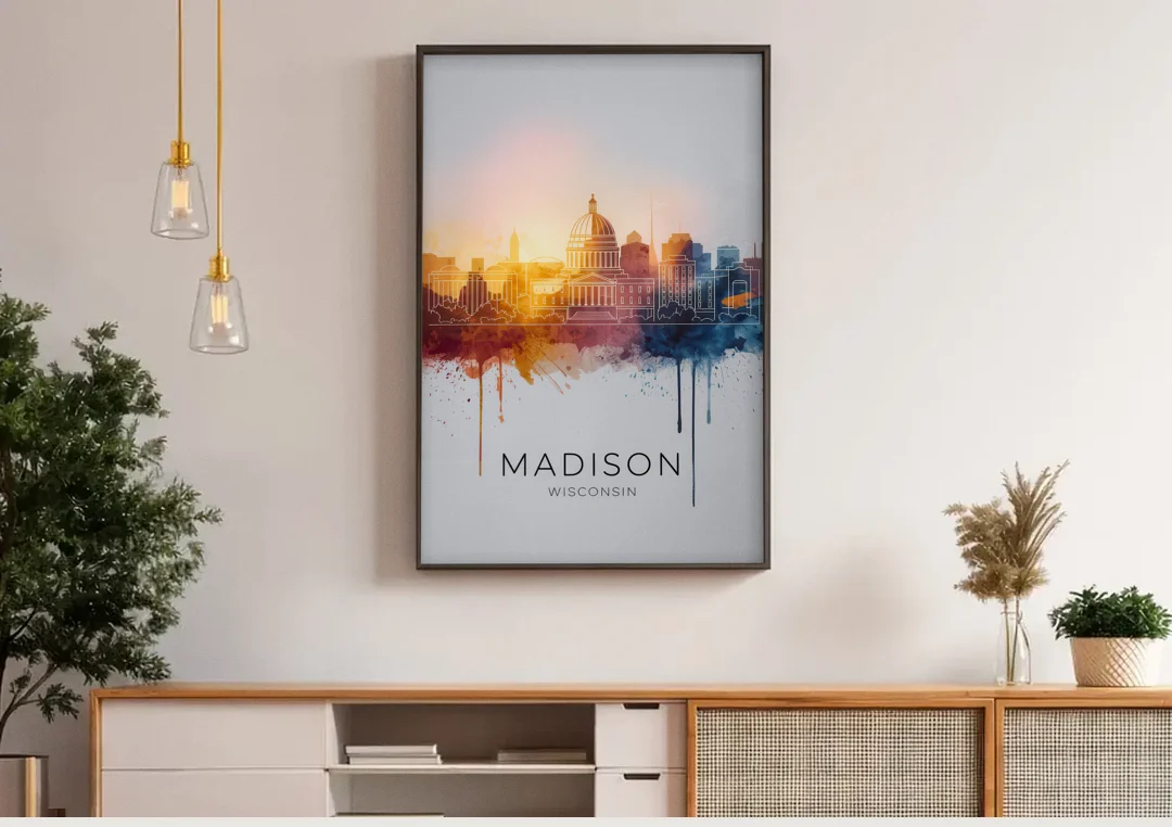 Madison Iconic Landmarks canvas wall art above a wooden sideboard under pendant lights