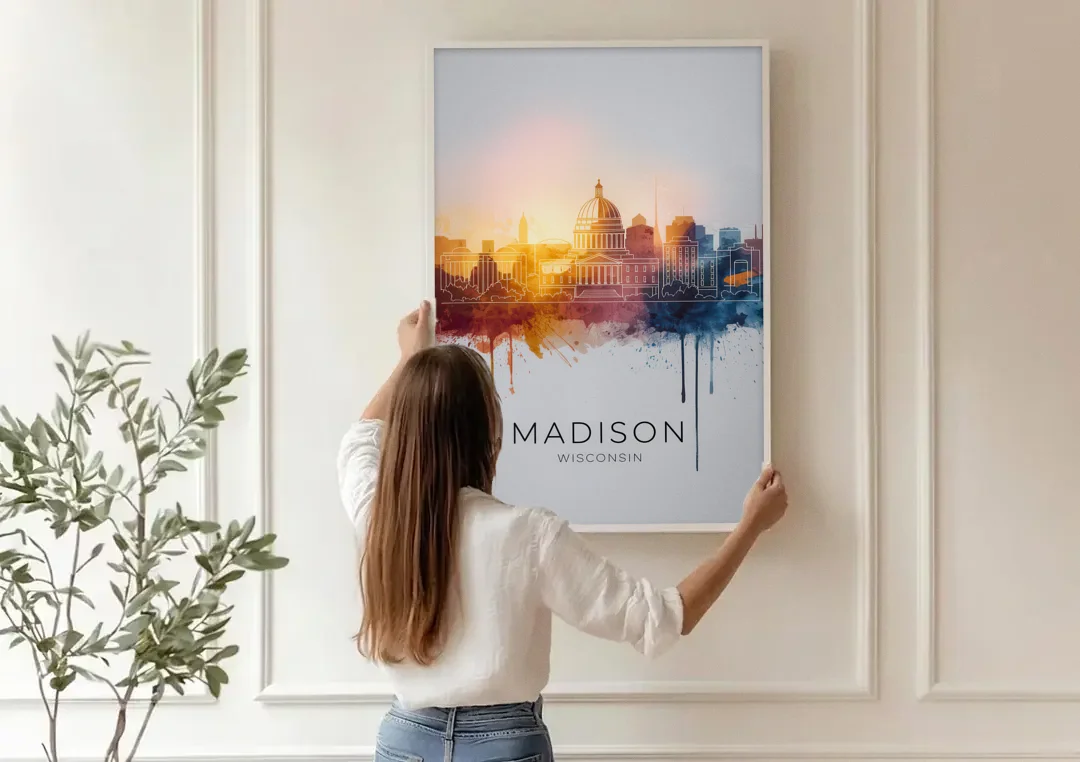 Madison Iconic Landmarks canvas wall art being hung on a paneled wall