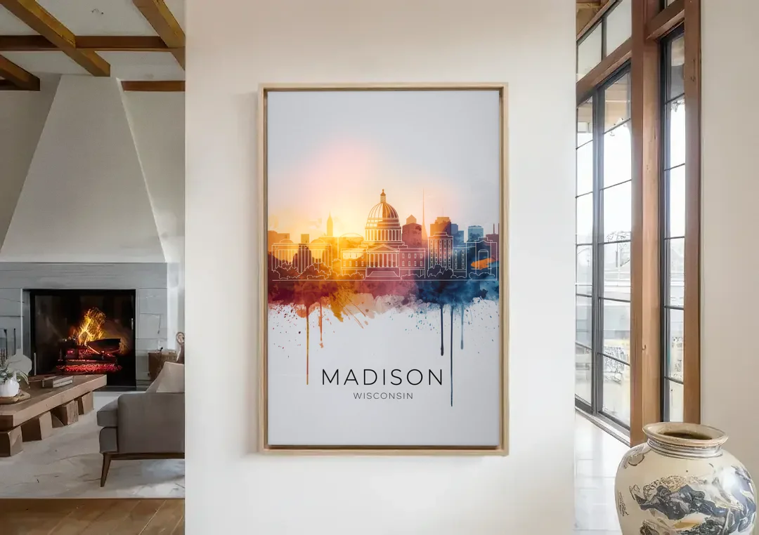 Madison Iconic Landmarks canvas wall art in a living room with a fireplace