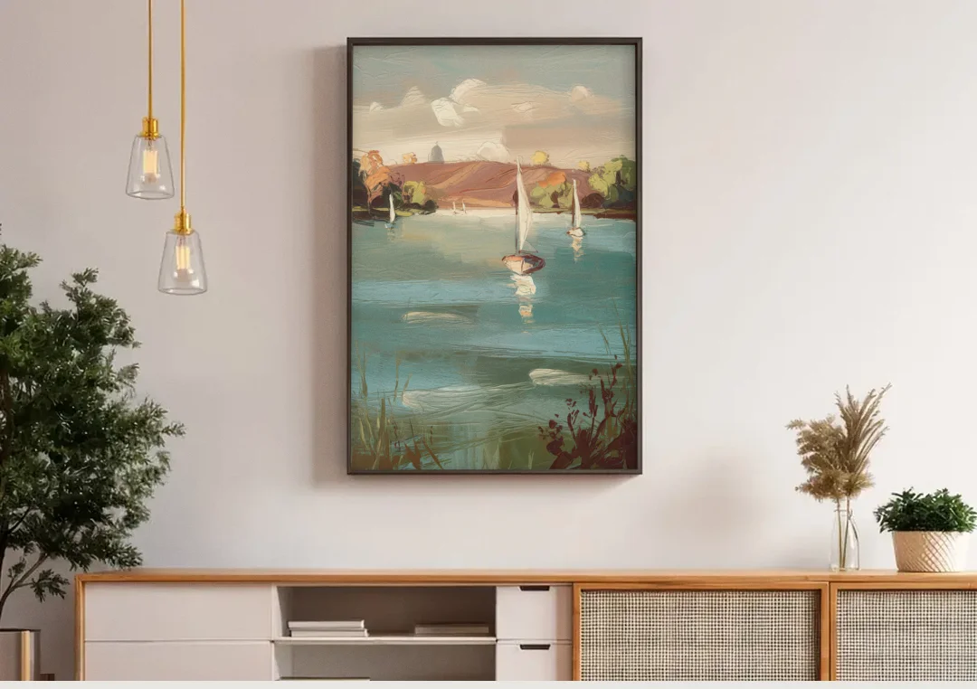 Madison Lake Mendota Serenity canvas wall art above a wooden sideboard under pendant lights