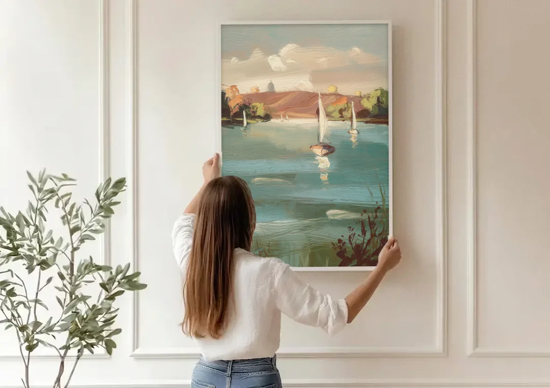 Madison Lake Mendota Serenity canvas wall art being hung on a paneled wall