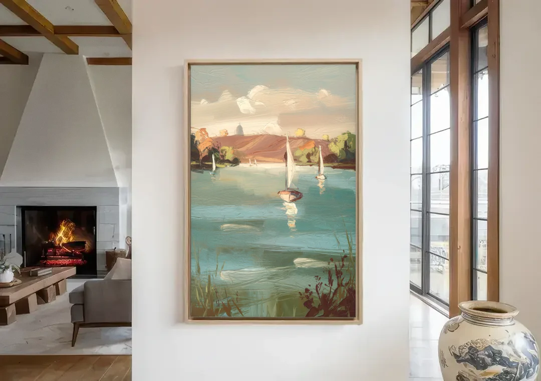 Madison Lake Mendota Serenity canvas wall art in a living room with a fireplace