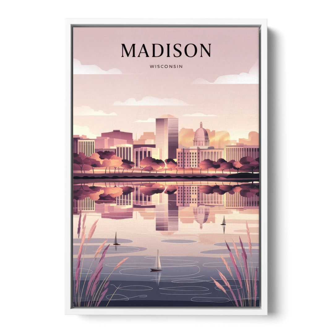 Madison Lake Monona Reflections - White Framed Canvas Wall Art - Front