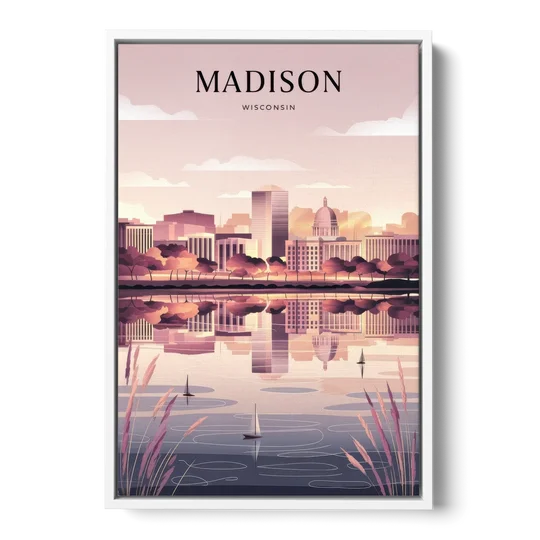 Madison Lake Monona Reflections - White Framed Canvas Wall Art - Front