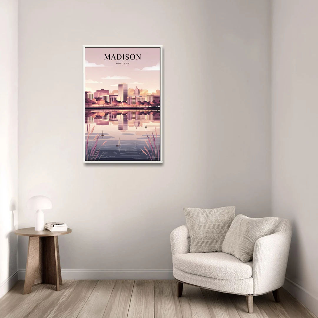 Madison Lake Monona Reflections - White Framed Canvas Wall Art - Sofa - 24x36