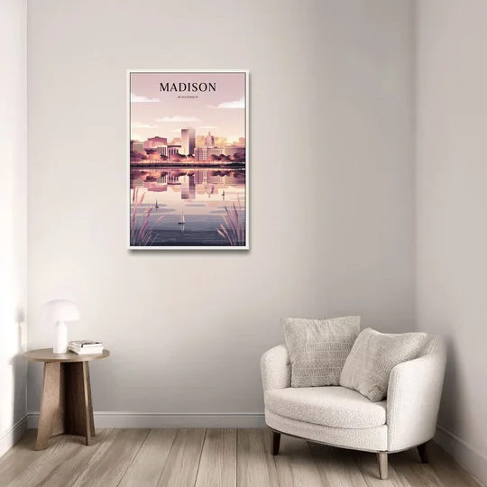 Madison Lake Monona Reflections - White Framed Canvas Wall Art - Sofa - 24x36