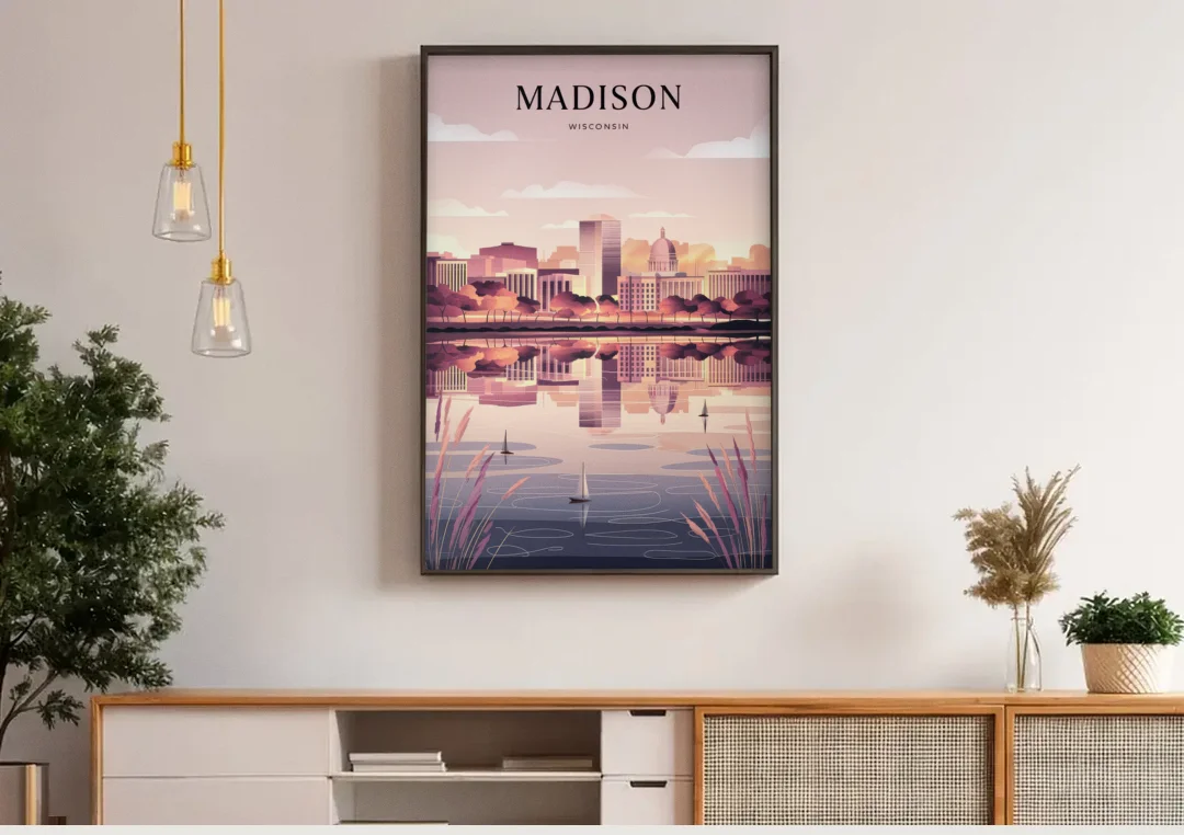 Madison Lake Monona Reflections canvas wall art above a wooden sideboard under pendant lights