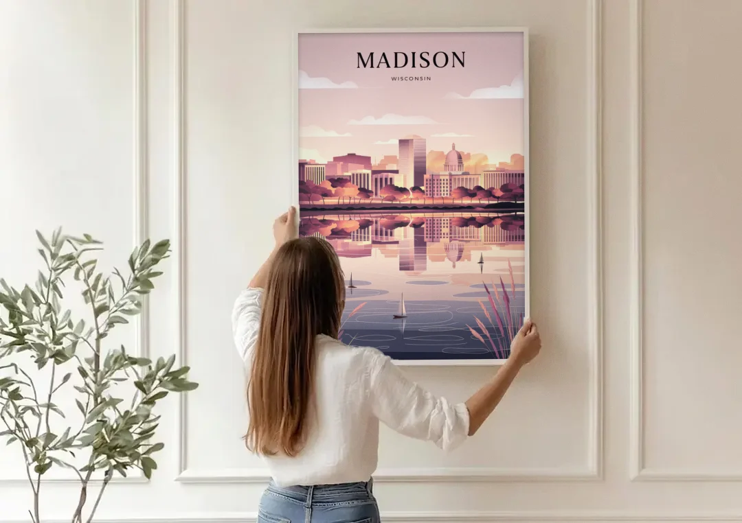 Madison Lake Monona Reflections canvas wall art being hung on a paneled wall