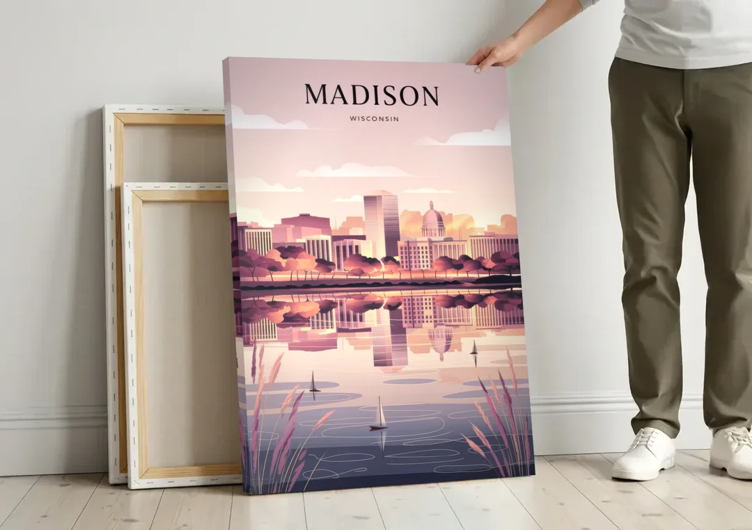 Madison Lake Monona Reflections canvas wall art leaning against a wall next to blank canvases