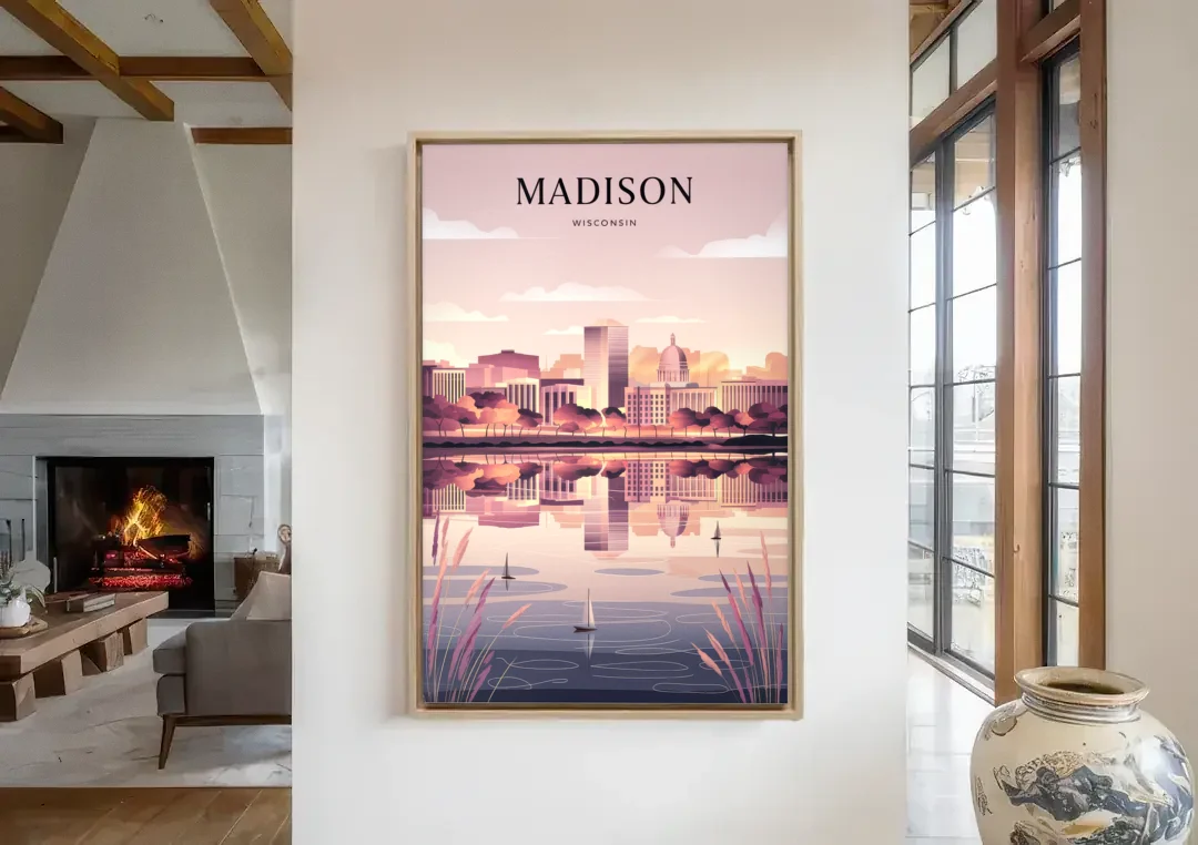 Madison Lake Monona Reflections canvas wall art in a living room with a fireplace
