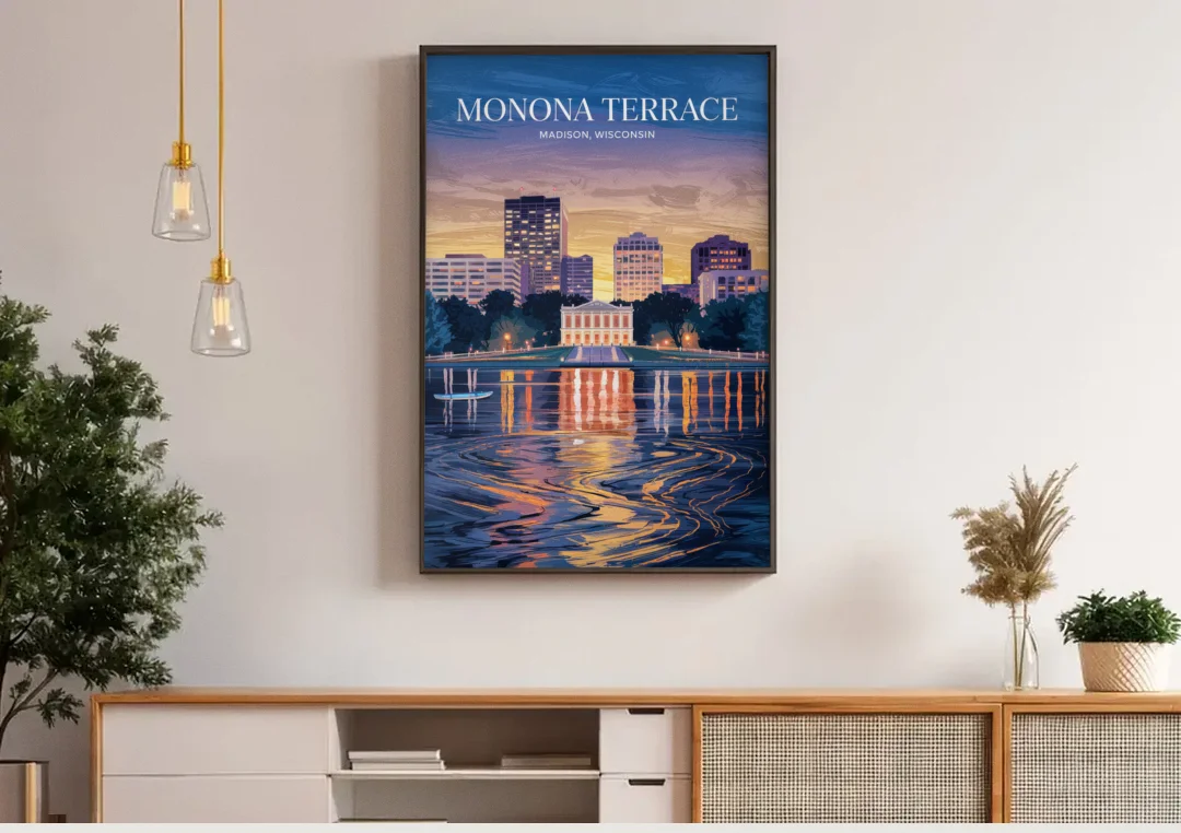 Madison Monona Terrace View canvas wall art above a wooden sideboard under pendant lights