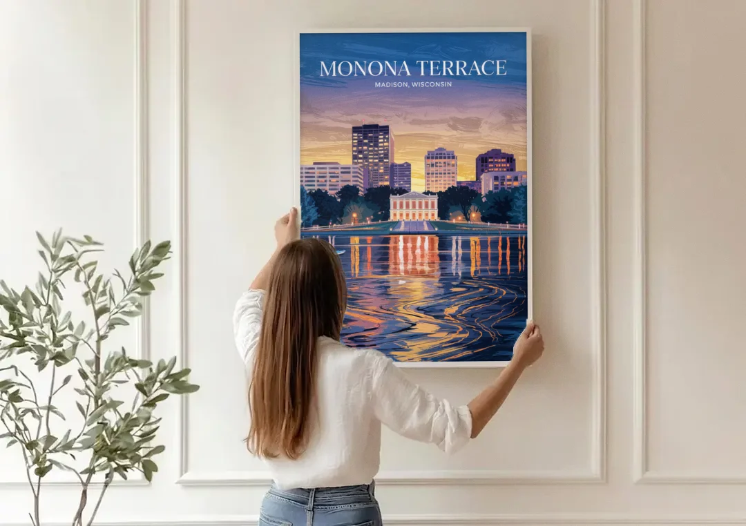 Madison Monona Terrace View canvas wall art being hung on a paneled wall