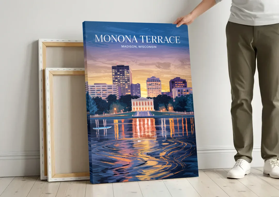 Madison Monona Terrace View canvas wall art leaning against a wall next to blank canvases