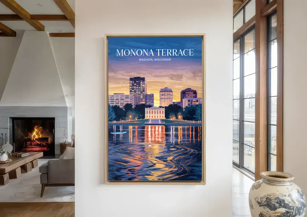 Madison Monona Terrace View canvas wall art in a living room with a fireplace
